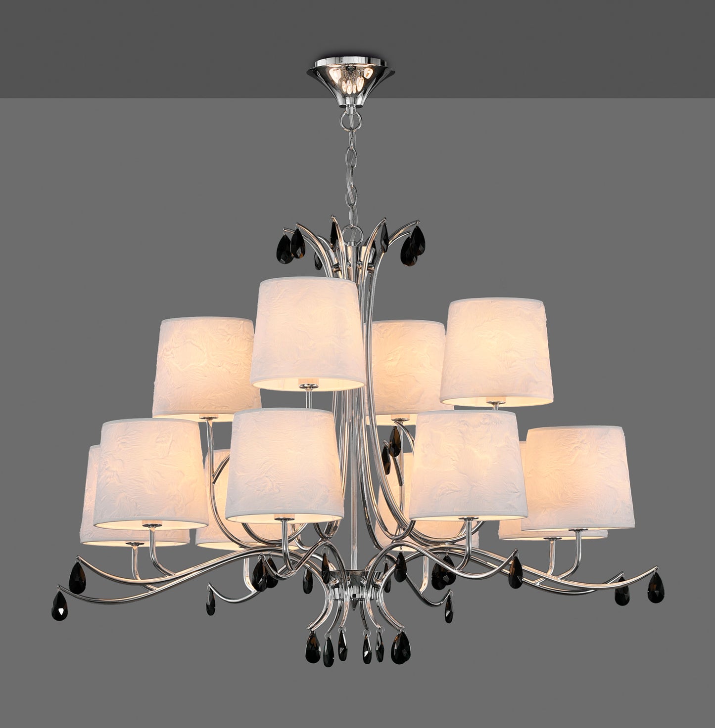 Andrea Pendant 100cm Round, 8+4 x E14 (Max 20W), Polished Chrome, White Shades, Black Crystal Droplets by Mantra