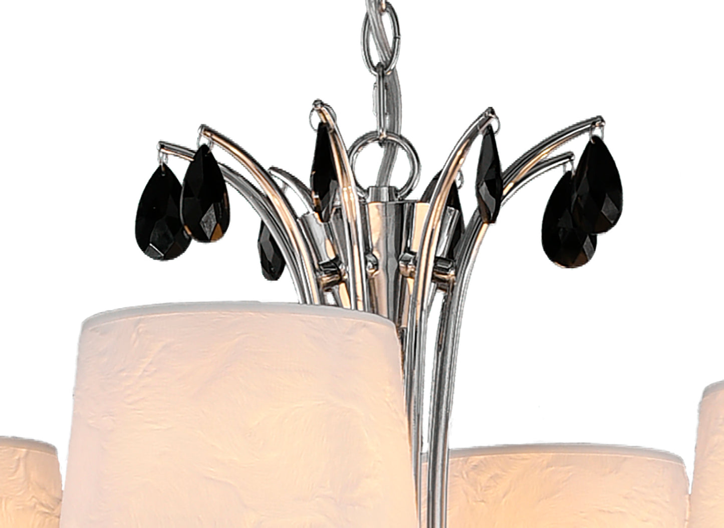 Andrea Pendant 100cm Round, 8+4 x E14 (Max 20W), Polished Chrome, White Shades, Black Crystal Droplets by Mantra