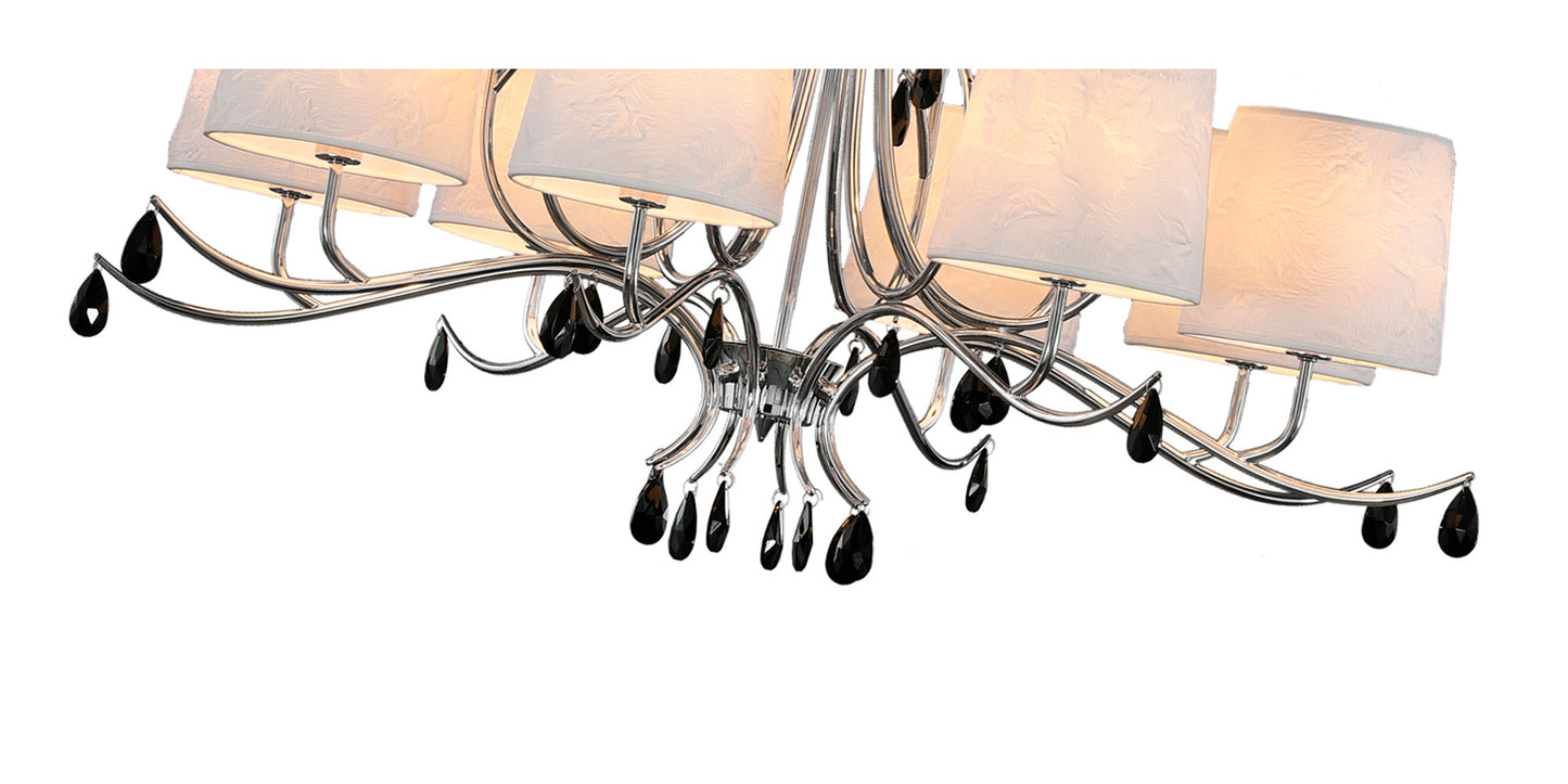 Andrea Pendant 100cm Round, 8+4 x E14 (Max 20W), Polished Chrome, White Shades, Black Crystal Droplets by Mantra