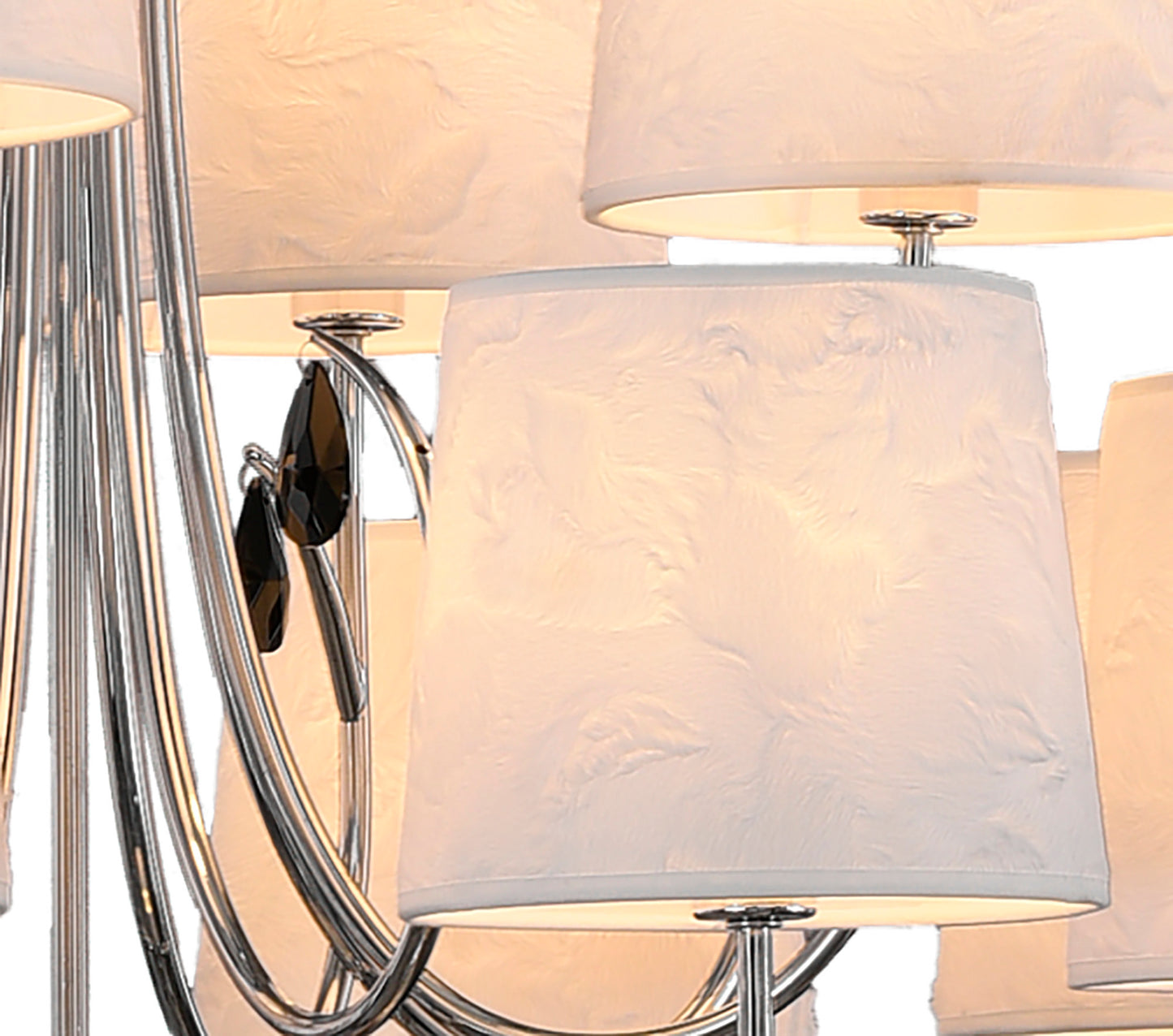 Andrea Pendant 100cm Round, 8+4 x E14 (Max 20W), Polished Chrome, White Shades, Black Crystal Droplets by Mantra