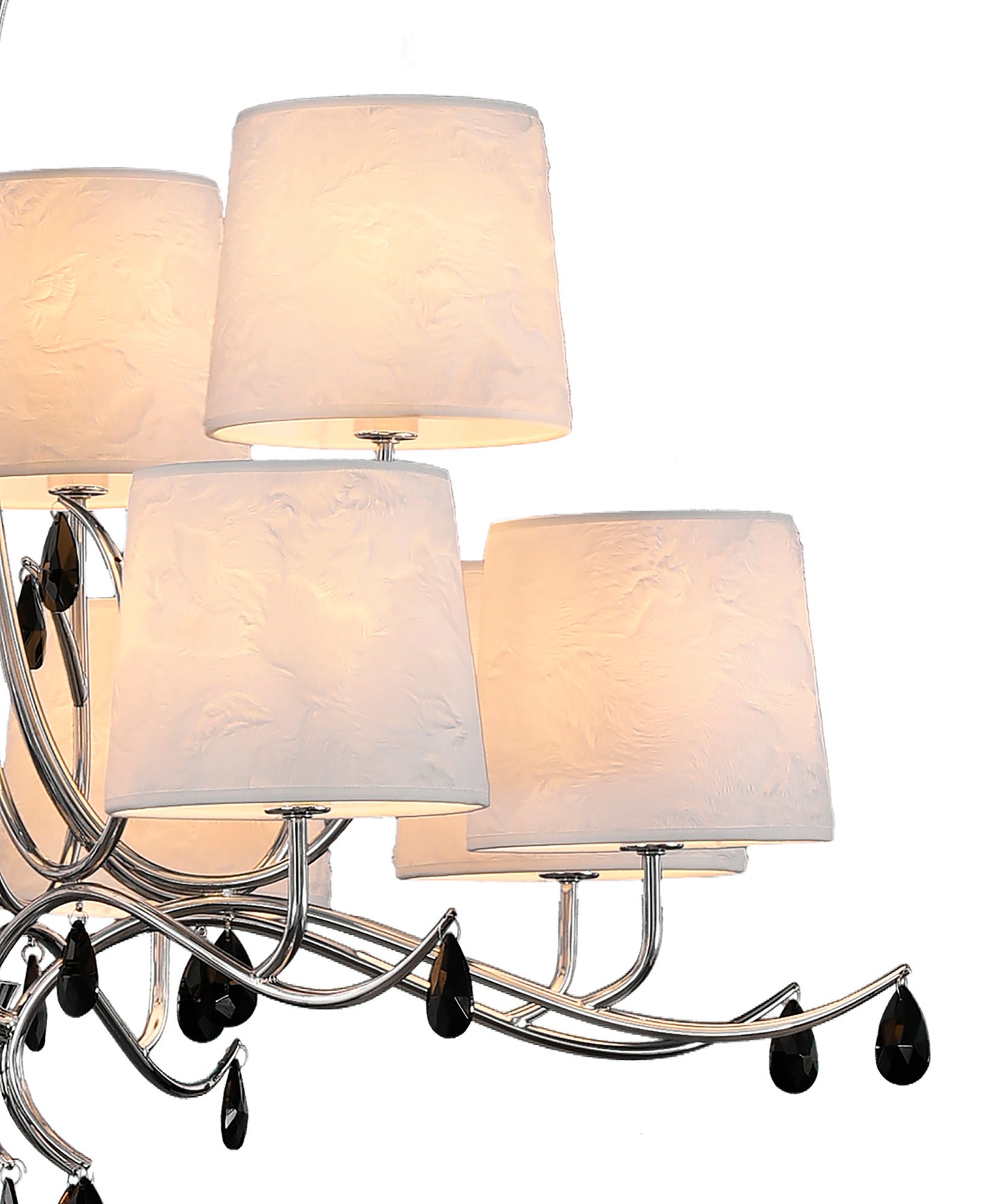 Andrea Pendant 100cm Round, 8+4 x E14 (Max 20W), Polished Chrome, White Shades, Black Crystal Droplets by Mantra