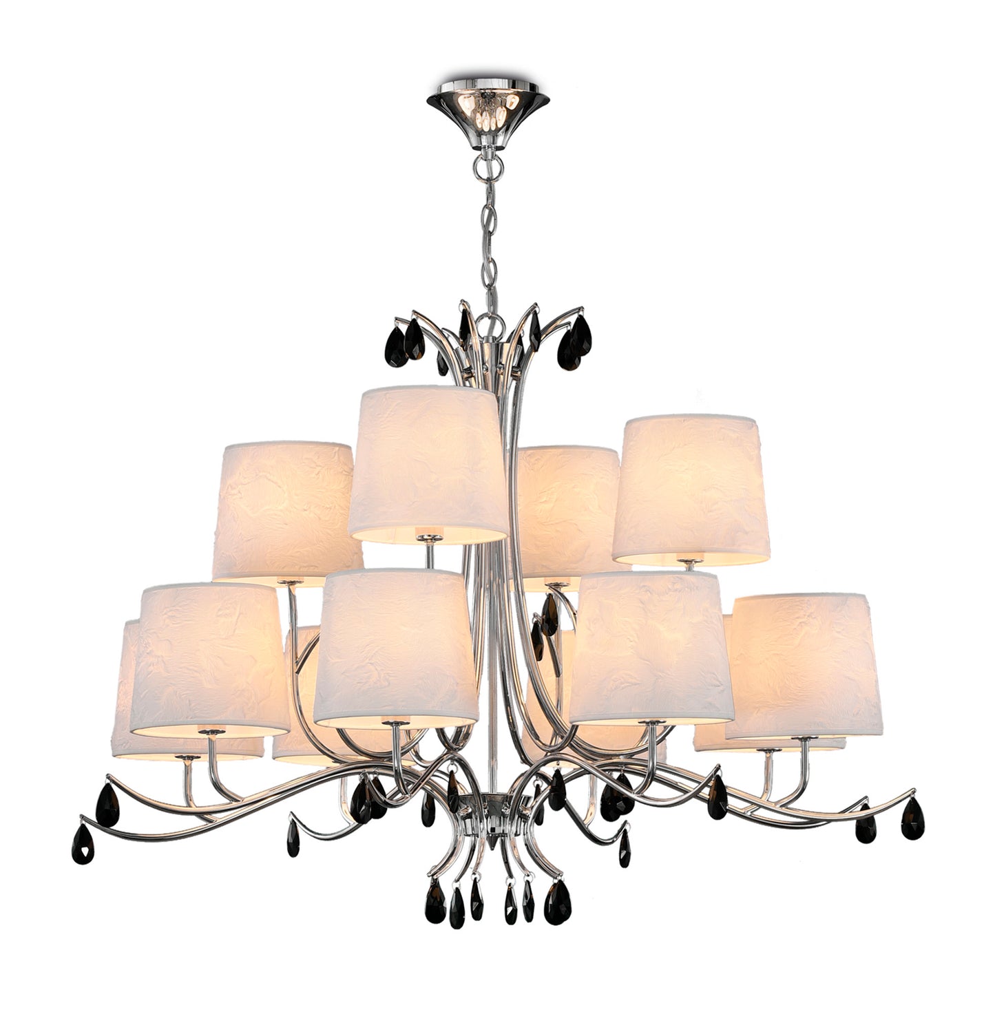 Andrea Pendant 100cm Round, 8+4 x E14 (Max 20W), Polished Chrome, White Shades, Black Crystal Droplets by Mantra