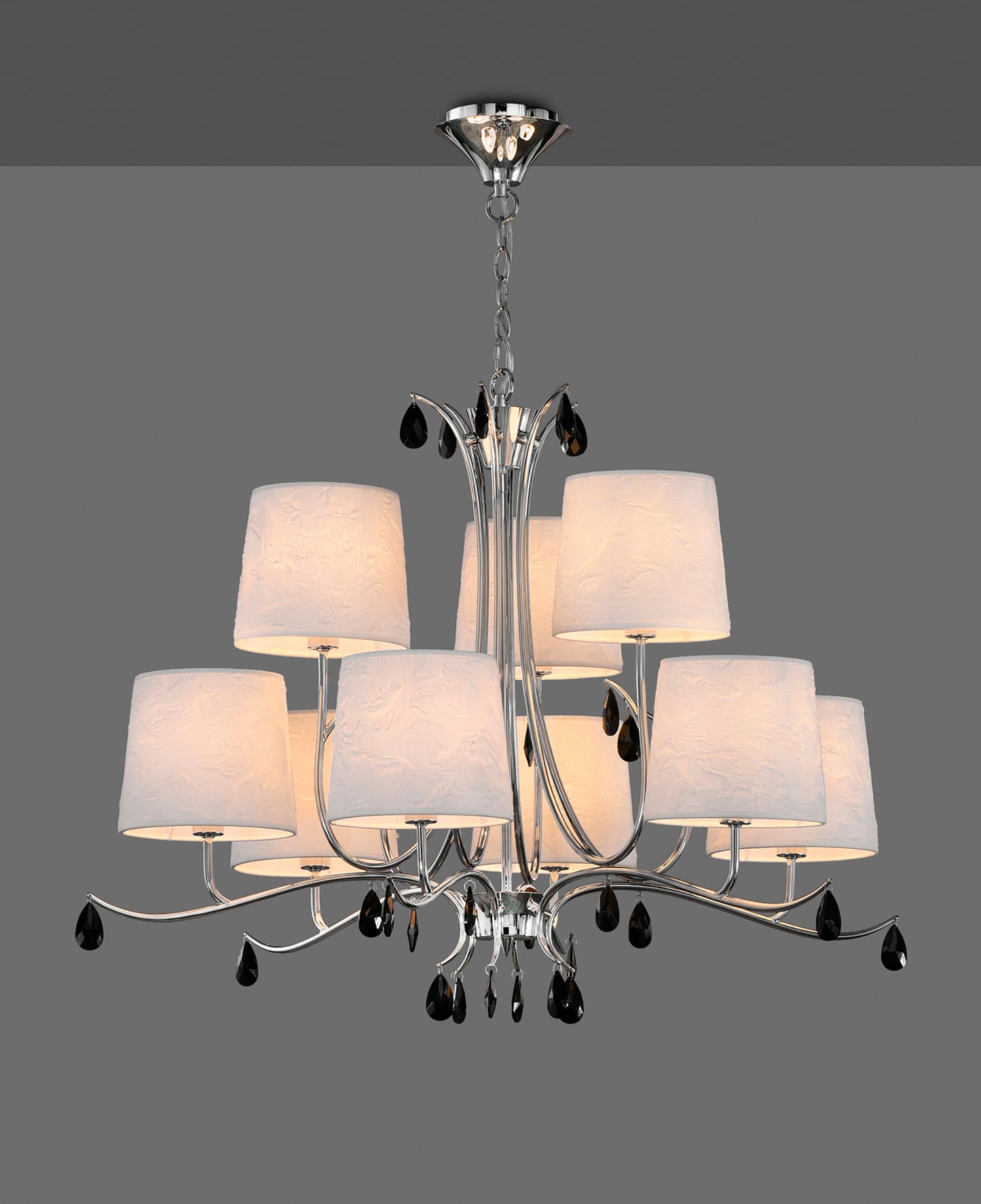 Andrea Pendant 88cm Round, 6+3 x E14 (Max 20W), Polished Chrome, White Shades, Black Crystal Droplets by Mantra