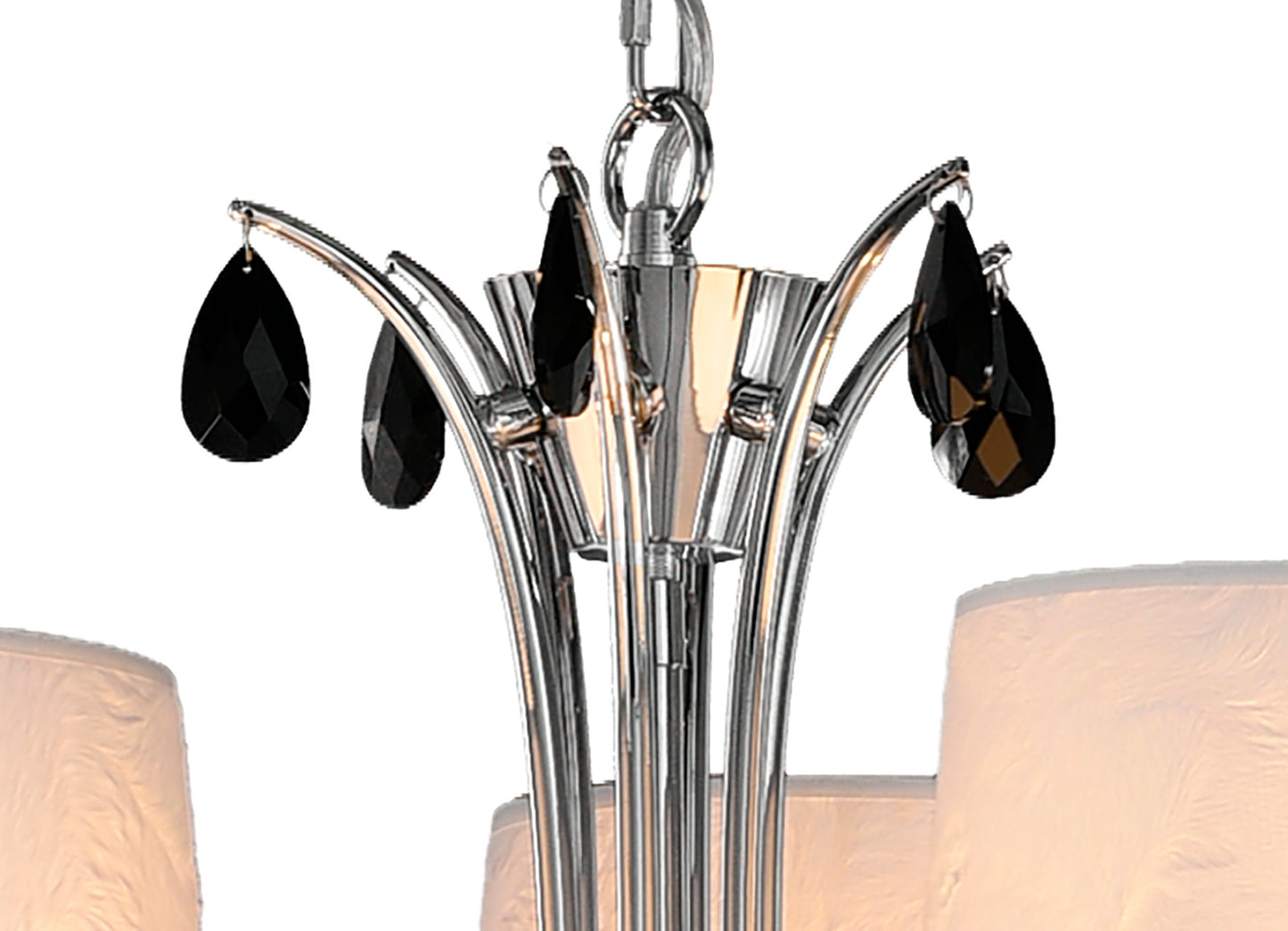 Andrea Pendant 88cm Round, 6+3 x E14 (Max 20W), Polished Chrome, White Shades, Black Crystal Droplets by Mantra