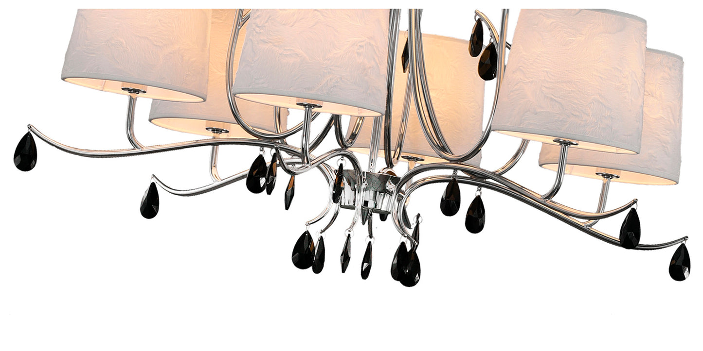 Andrea Pendant 88cm Round, 6+3 x E14 (Max 20W), Polished Chrome, White Shades, Black Crystal Droplets by Mantra