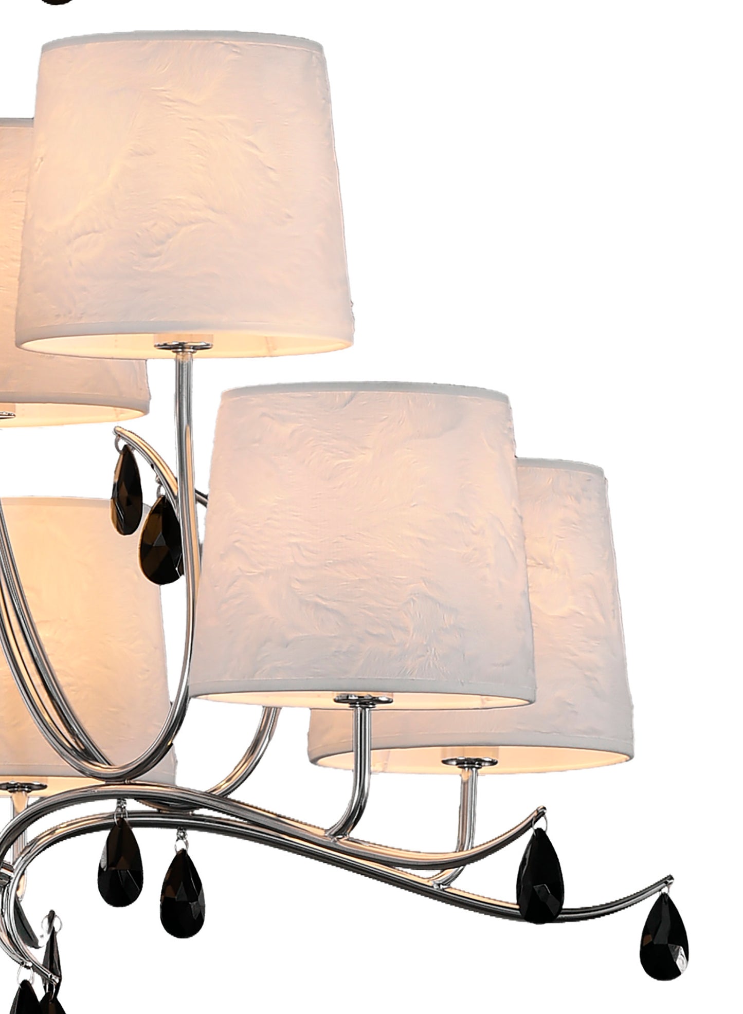 Andrea Pendant 88cm Round, 6+3 x E14 (Max 20W), Polished Chrome, White Shades, Black Crystal Droplets by Mantra