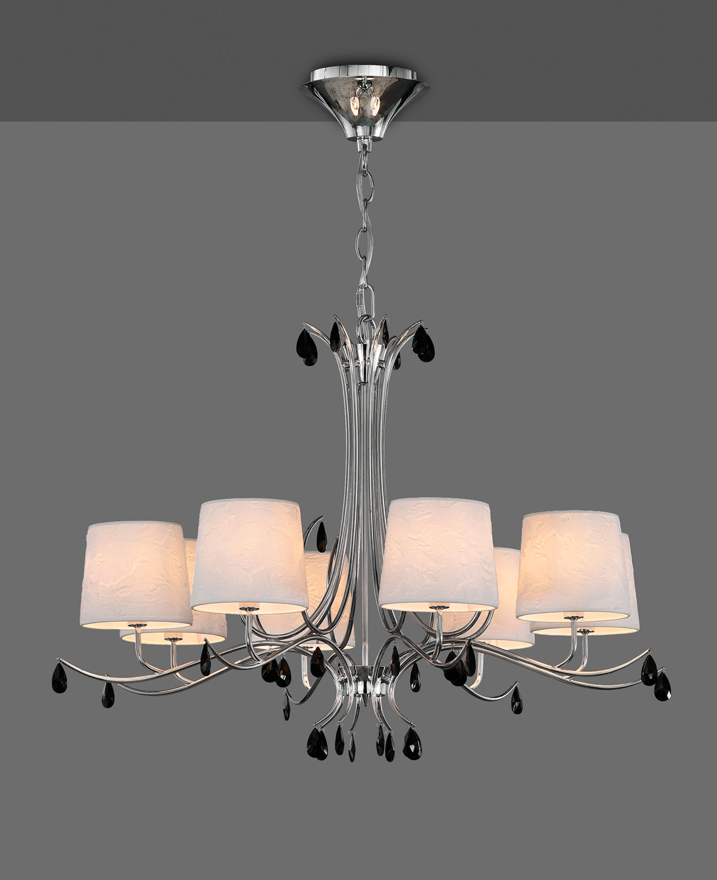 Andrea Pendant 100cm Round, 8 x E14 (Max 20W), Polished Chrome, White Shades, Black Crystal Droplets by Mantra