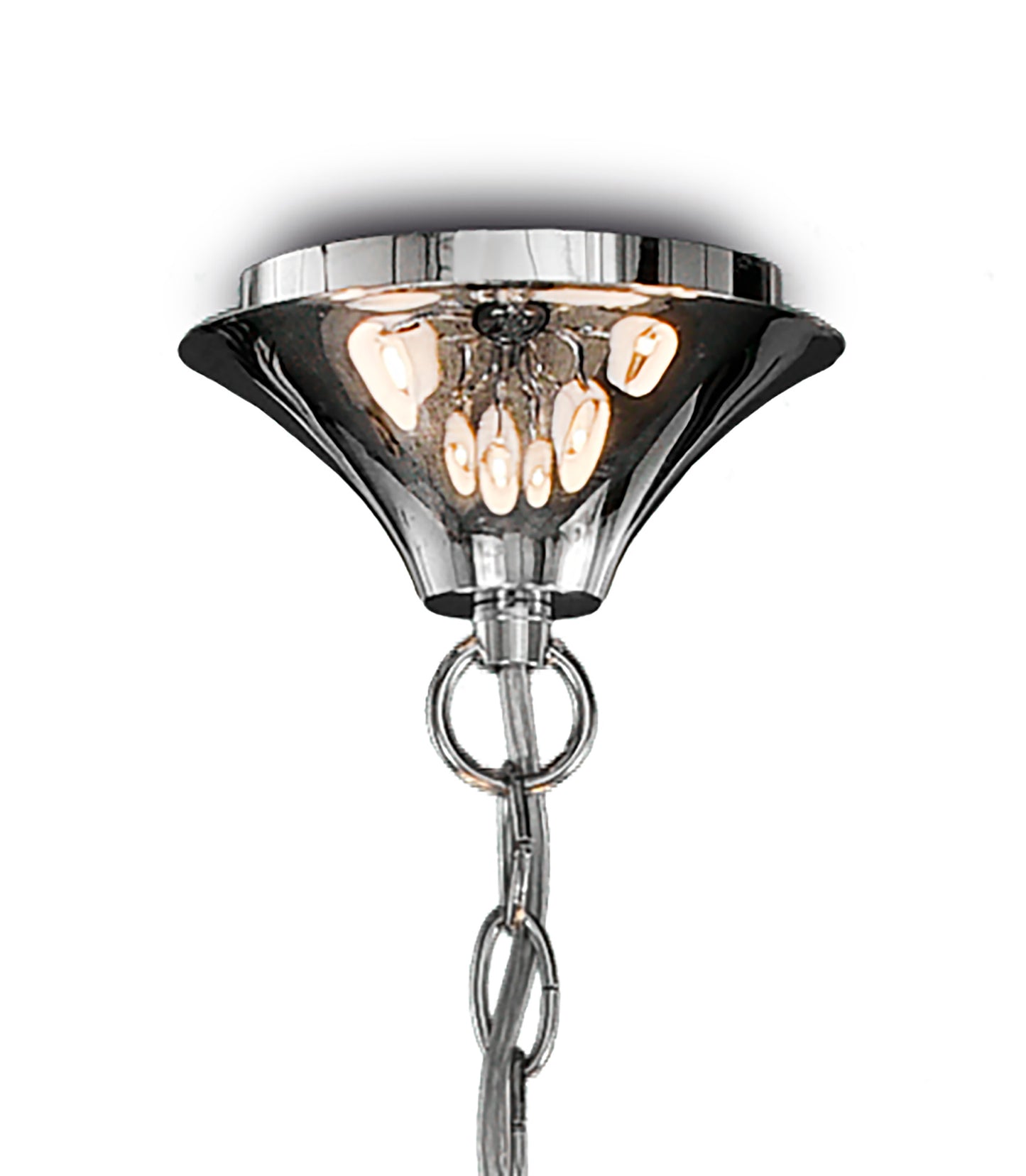 Andrea Pendant 100cm Round, 8 x E14 (Max 20W), Polished Chrome, White Shades, Black Crystal Droplets by Mantra