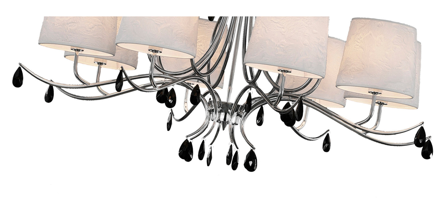 Andrea Pendant 100cm Round, 8 x E14 (Max 20W), Polished Chrome, White Shades, Black Crystal Droplets by Mantra