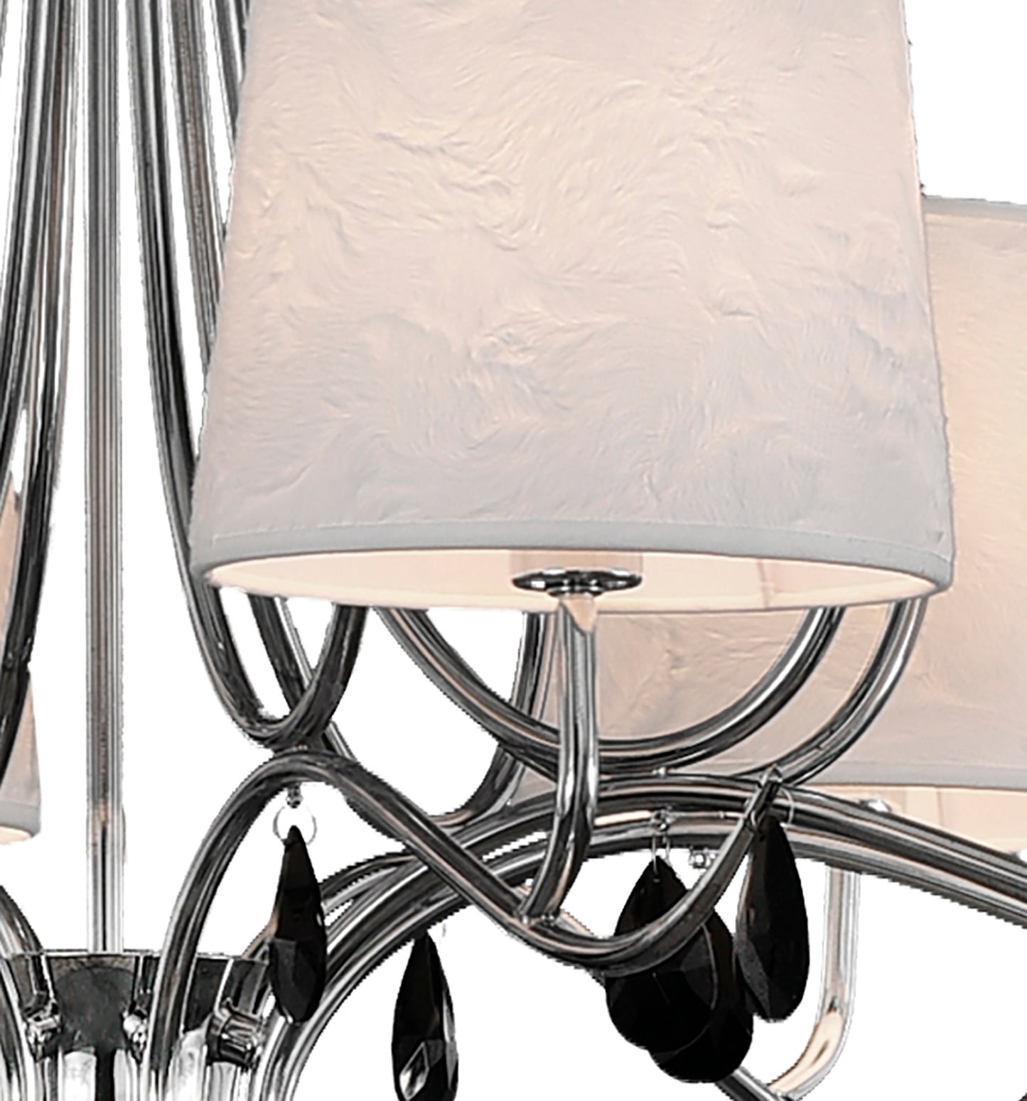 Andrea Pendant 100cm Round, 8 x E14 (Max 20W), Polished Chrome, White Shades, Black Crystal Droplets by Mantra