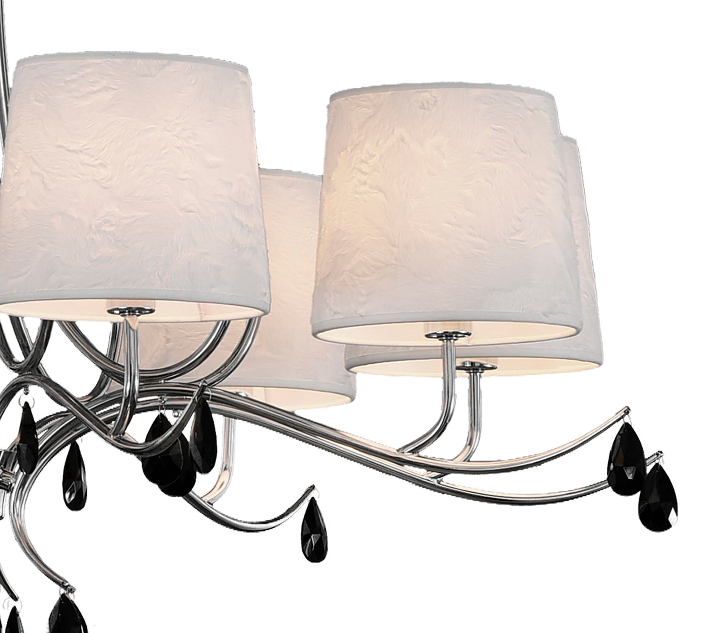 Andrea Pendant 100cm Round, 8 x E14 (Max 20W), Polished Chrome, White Shades, Black Crystal Droplets by Mantra