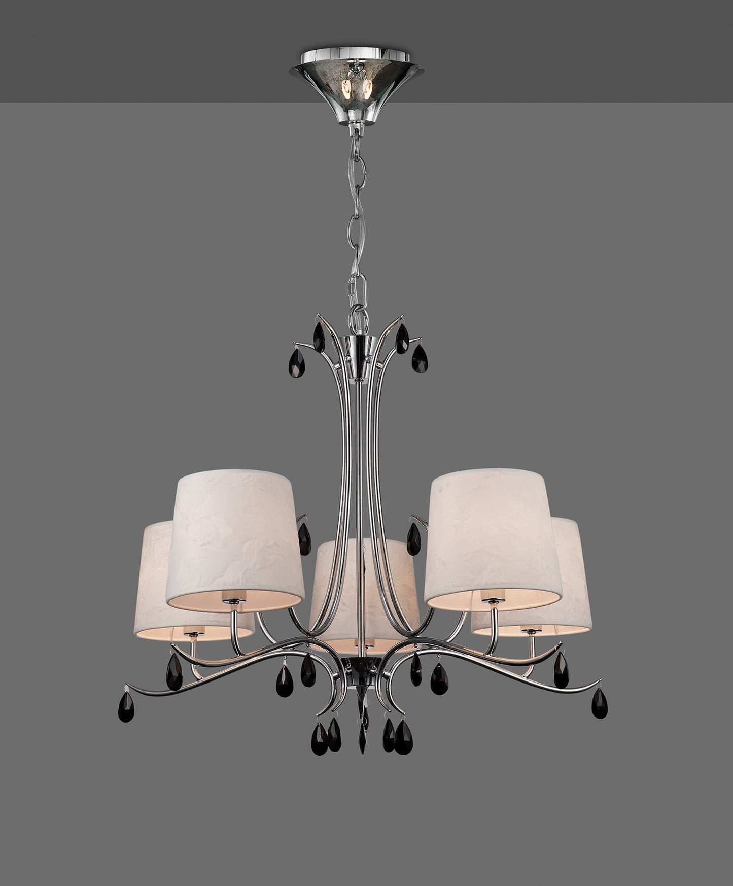Andrea Pendant 81.5cm Round, 5 x E14 (Max 20W), Polished Chrome, White Shades, Black Crystal Droplets by Mantra