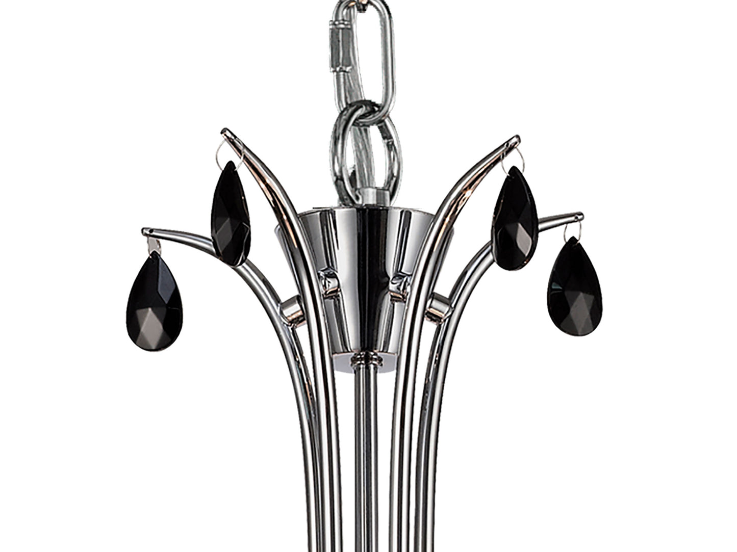 Andrea Pendant 81.5cm Round, 5 x E14 (Max 20W), Polished Chrome, White Shades, Black Crystal Droplets by Mantra