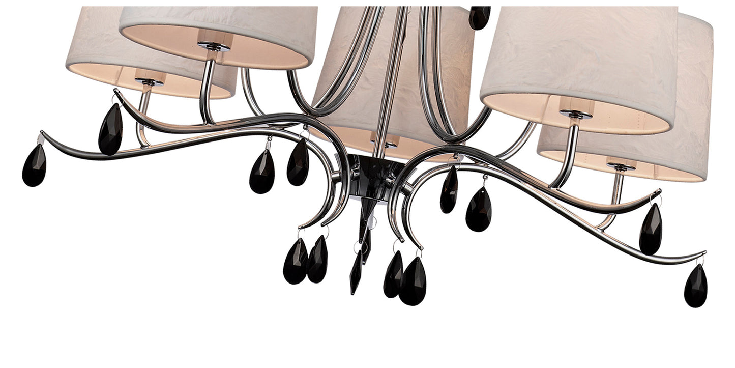 Andrea Pendant 81.5cm Round, 5 x E14 (Max 20W), Polished Chrome, White Shades, Black Crystal Droplets by Mantra
