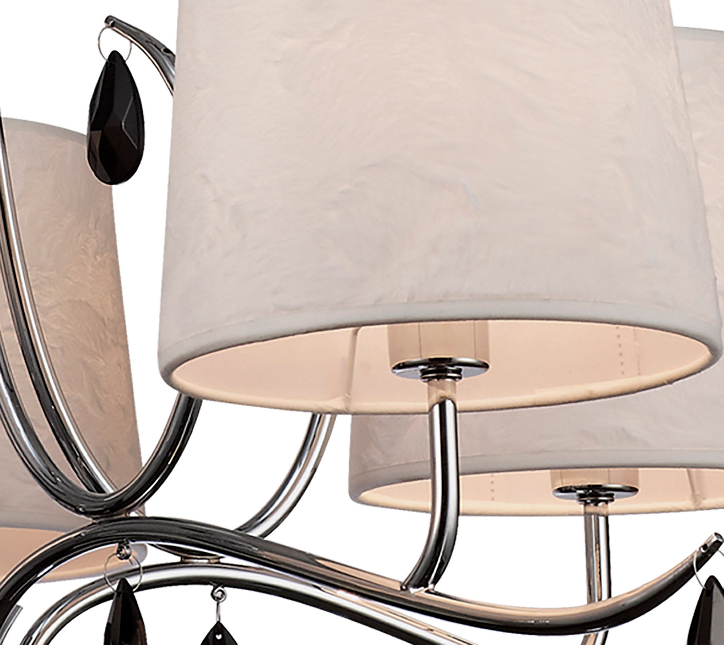 Andrea Pendant 81.5cm Round, 5 x E14 (Max 20W), Polished Chrome, White Shades, Black Crystal Droplets by Mantra
