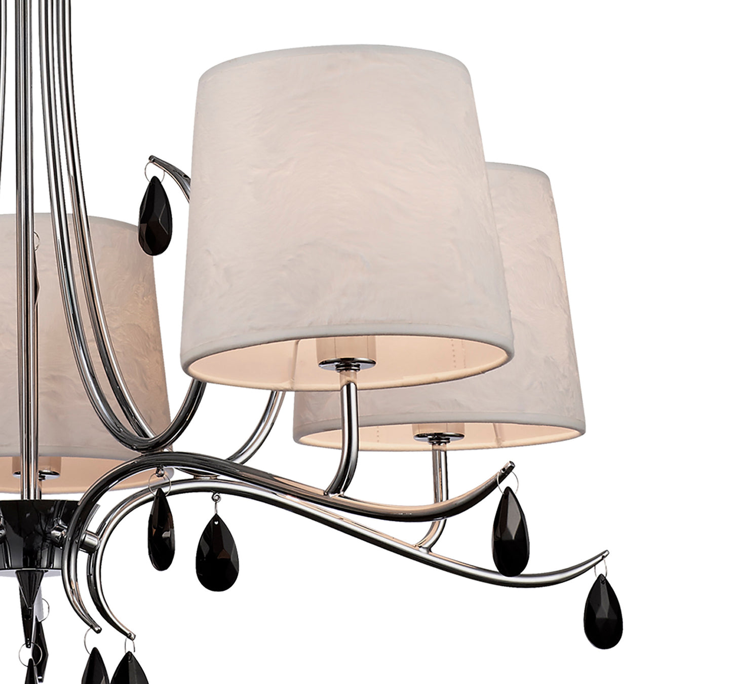 Andrea Pendant 81.5cm Round, 5 x E14 (Max 20W), Polished Chrome, White Shades, Black Crystal Droplets by Mantra