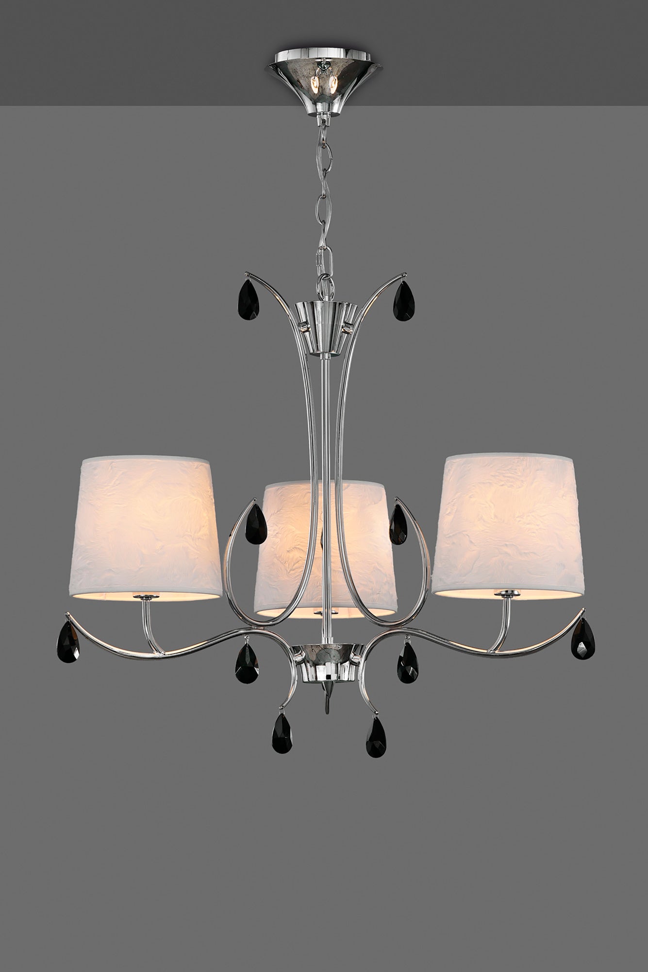 Andrea Pendant 67cm Round, 5 x E14 (Max 20W), Polished Chrome, White Shades, Black Crystal Droplets by Mantra