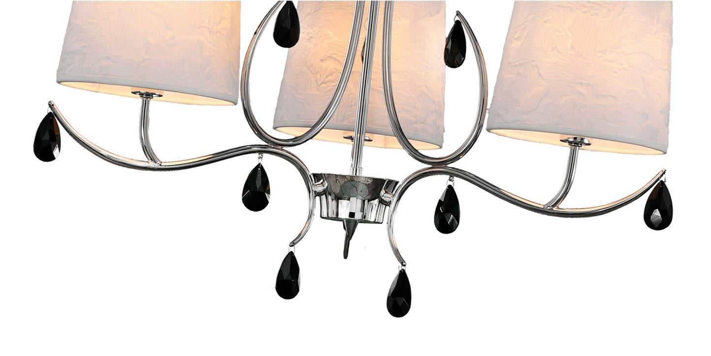 Andrea Pendant 67cm Round, 5 x E14 (Max 20W), Polished Chrome, White Shades, Black Crystal Droplets by Mantra