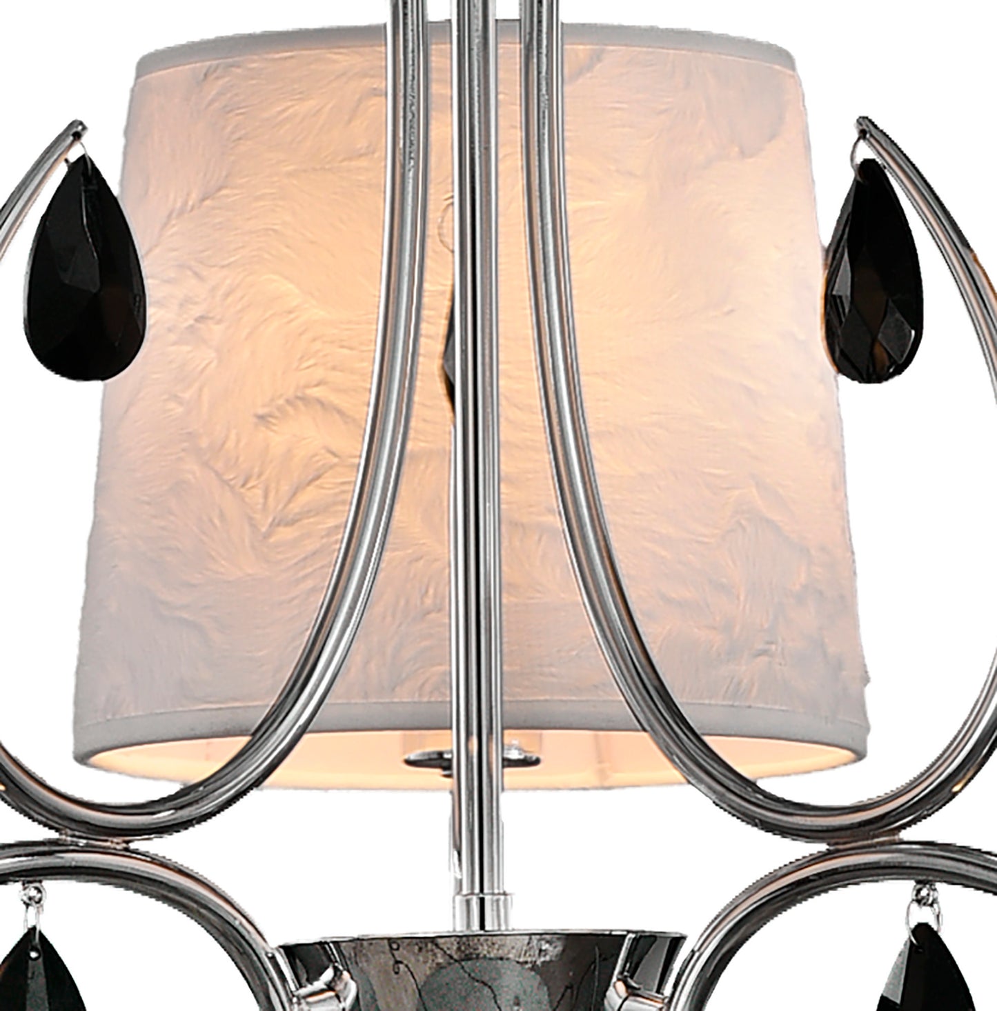 Andrea Pendant 67cm Round, 5 x E14 (Max 20W), Polished Chrome, White Shades, Black Crystal Droplets by Mantra