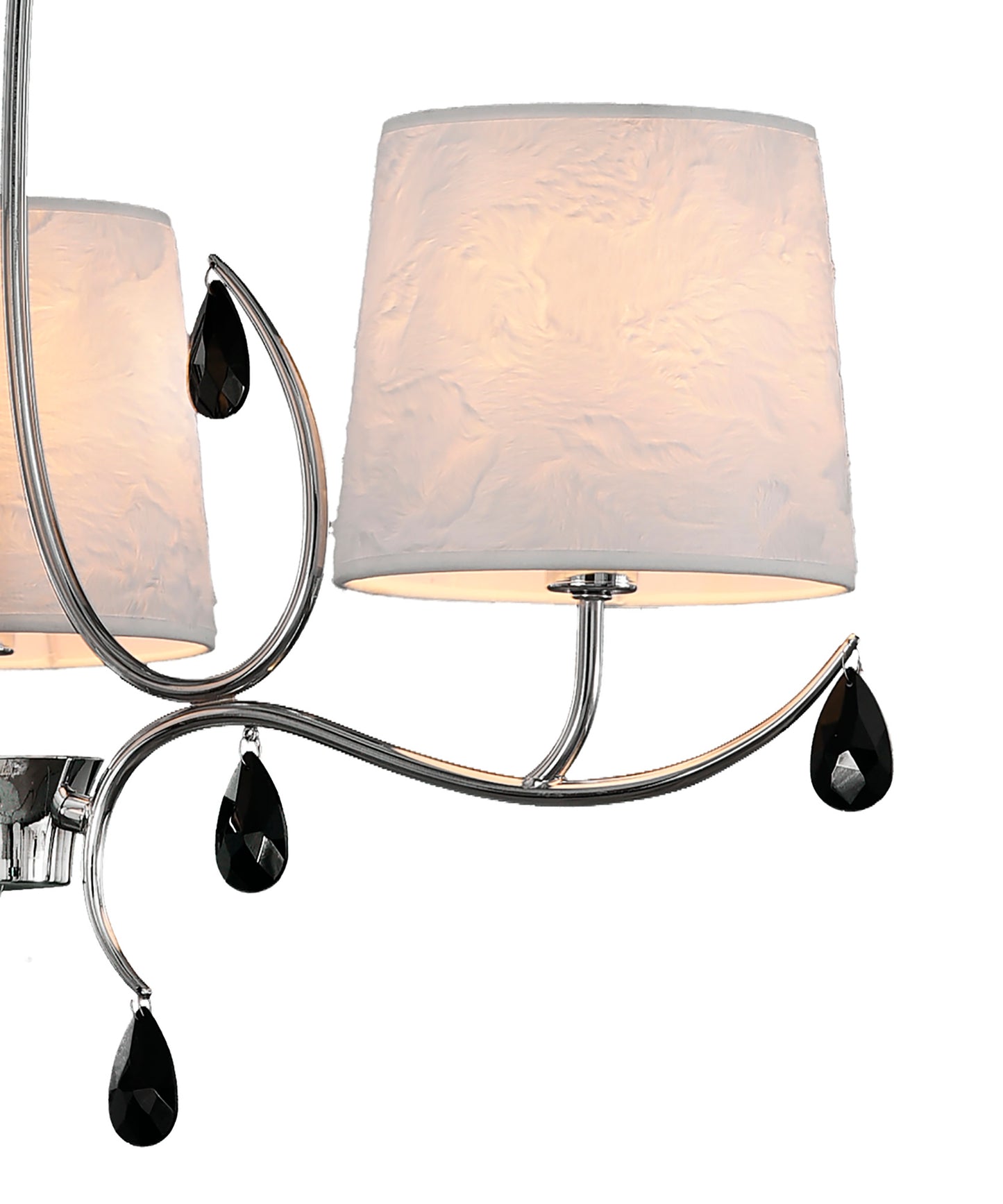 Andrea Pendant 67cm Round, 5 x E14 (Max 20W), Polished Chrome, White Shades, Black Crystal Droplets by Mantra