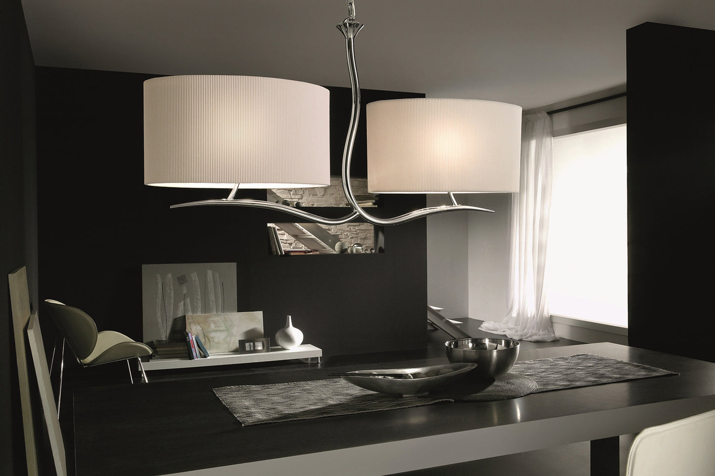 Eve Linear Pendant 2 Arm 4 Light E27, Polished Chrome With White Oval Shades by Mantra