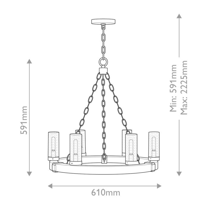 Sawyer 6 lt Exterior Chandelier - Sequoia wood effect with rust Iron accents & Clear seeded glass