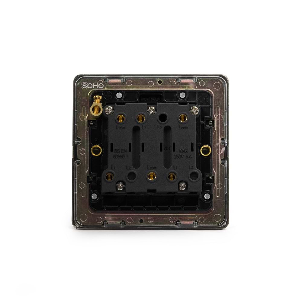 The Camden Collection Matt Black & Brushed Brass 10A 1 Gang 1 Way 3-Pole Fan Isolator Black Insert Screwless
