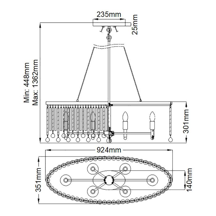 Piper 6 Light Oval Chandelier/ Pendant - Polished Chrome