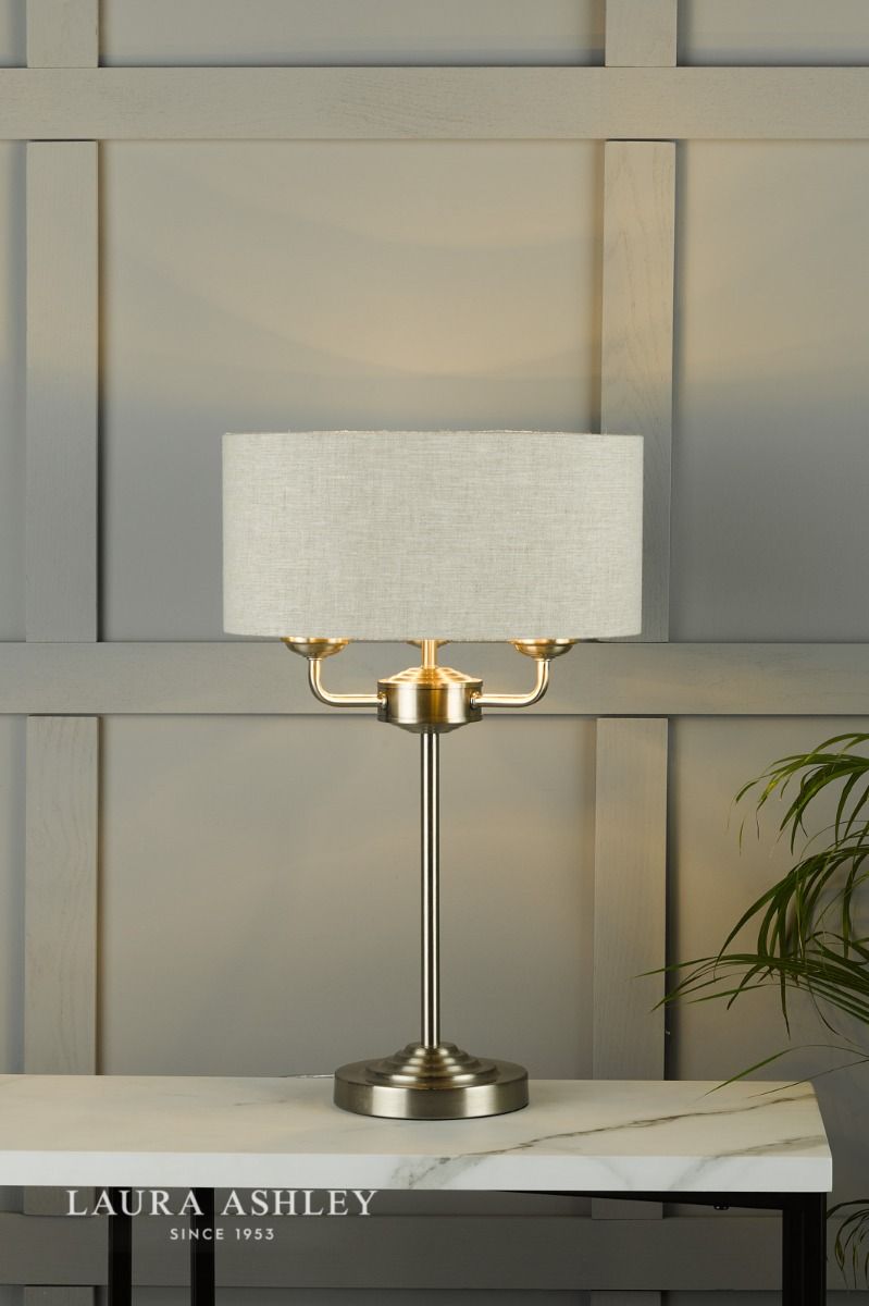 Laura Ashley Sorrento 3 Light Table Lamp Satin Nickel With Natural Shade
