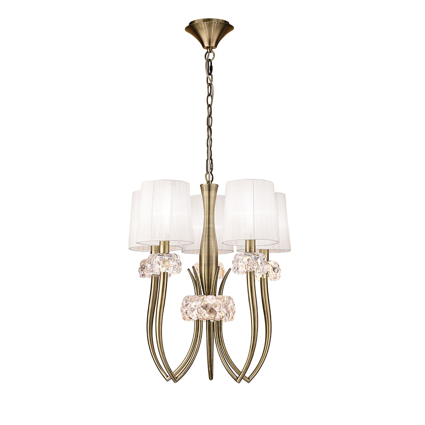 Loewe Slim Pendant 5 Light E14, Antique Brass With White Shades (4732) by Mantra