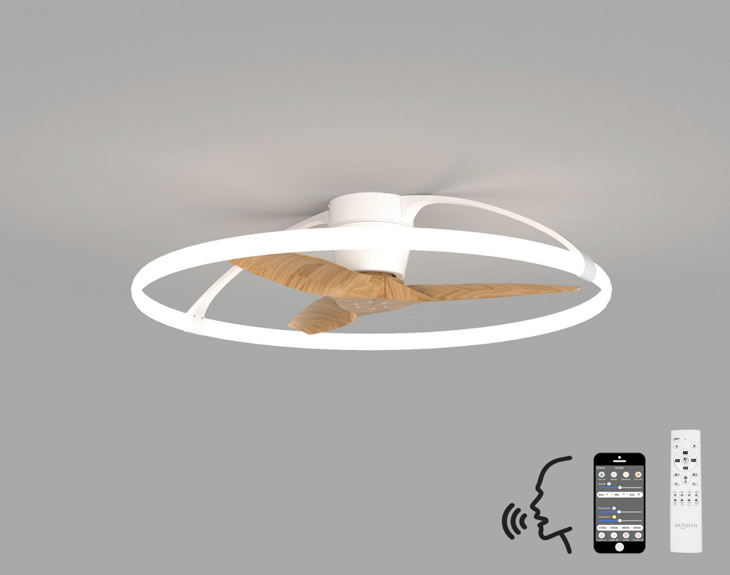 Nepal 75W LED Dimmable Ceiling Light With Built-In 35W DC Reversible Fan, White/Wood Finish c/w Remote, APP & Alexa/Google Voice Control, 7200lm by Mantra