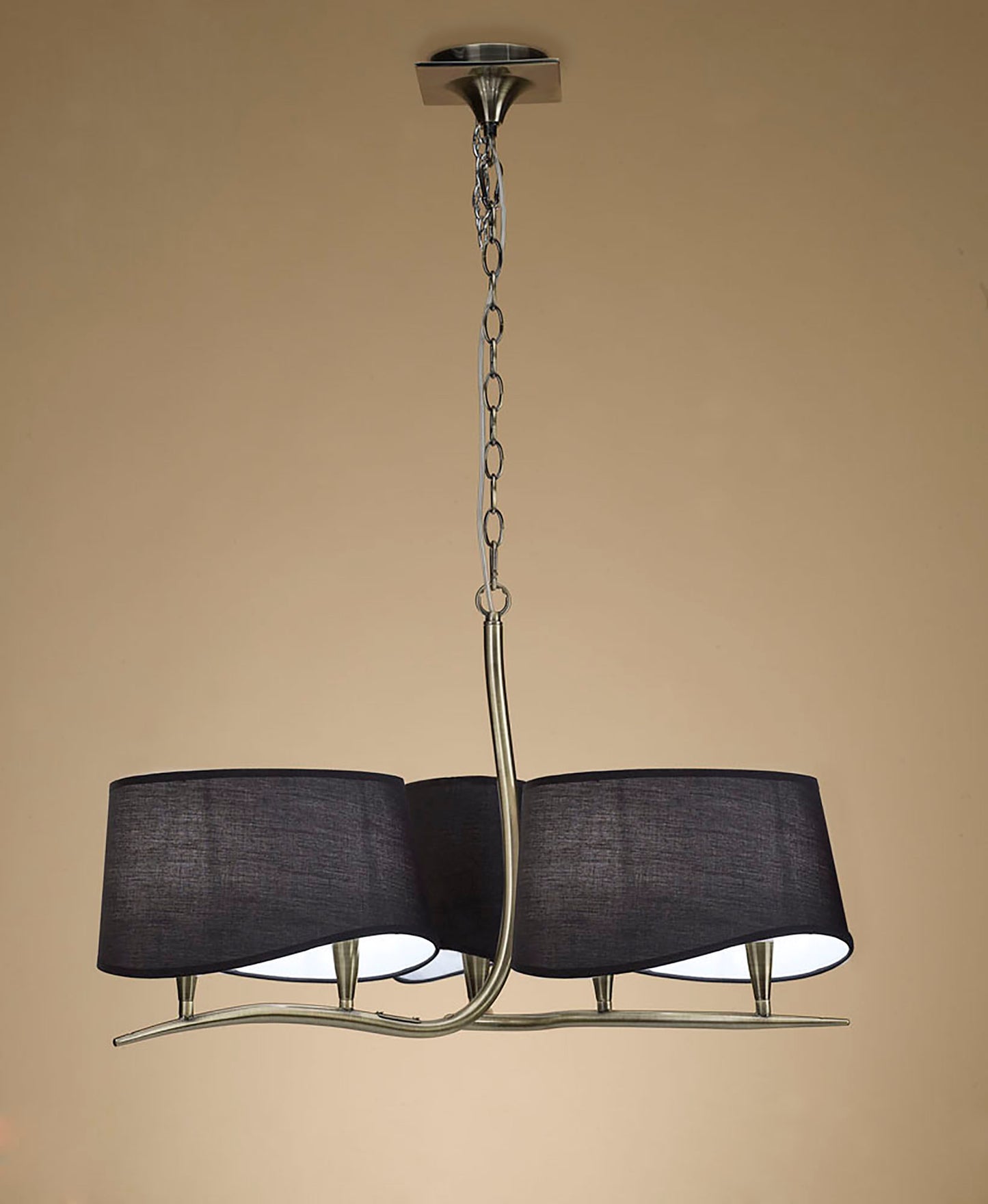 Ninette Pendant 3 Arm 6 Light E14 With Black Shades Antique Brass by Mantra