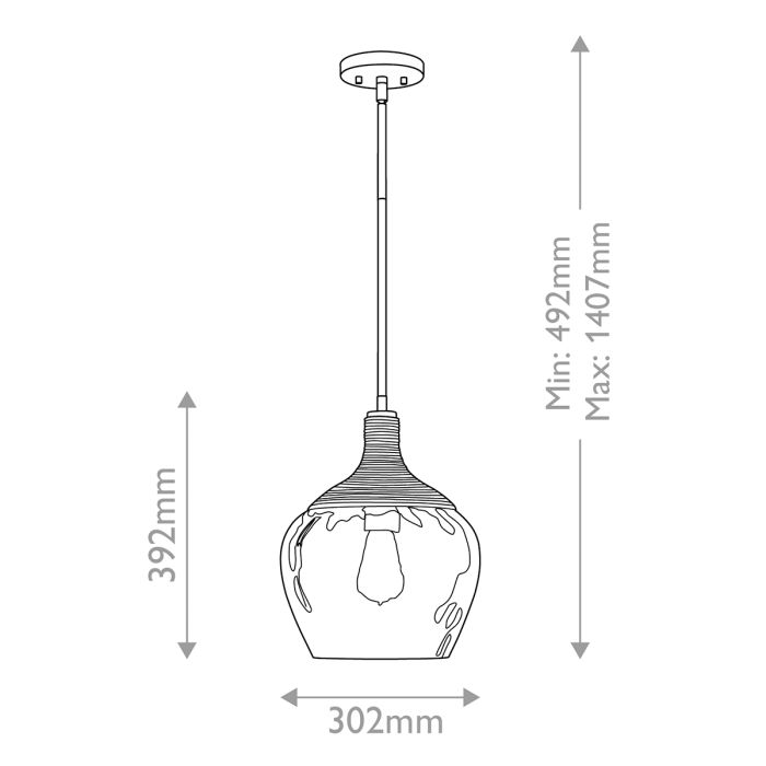 Royer 1 lt Pendant - Matte Black with natural rope detail and clear mottled blown glass shade