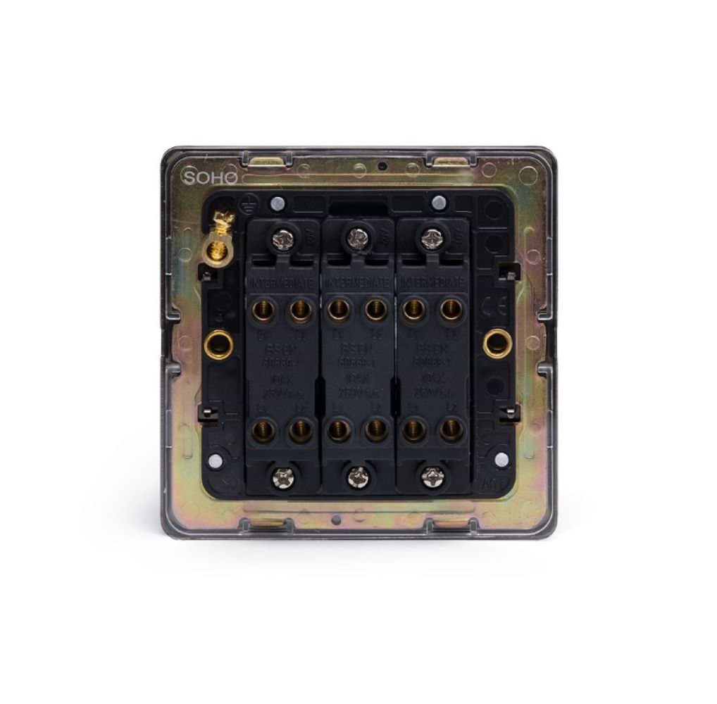 The Eton Collection Bronze 10A 3 Gang Intermediate Switch Black Inserts Screwless