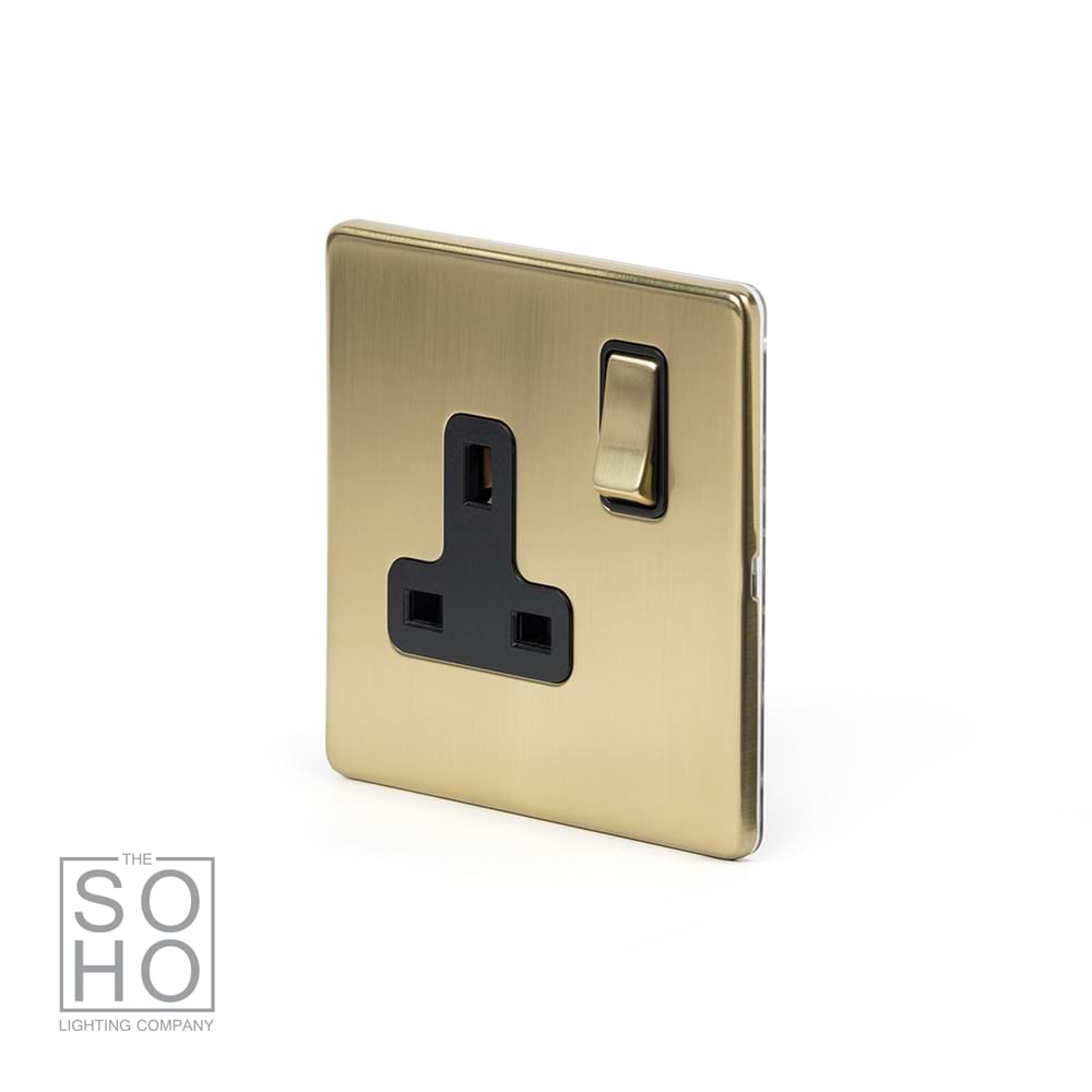 The Savoy Collection Brushed Brass 1 Gang DP Socket Black Ins 13A Screwless