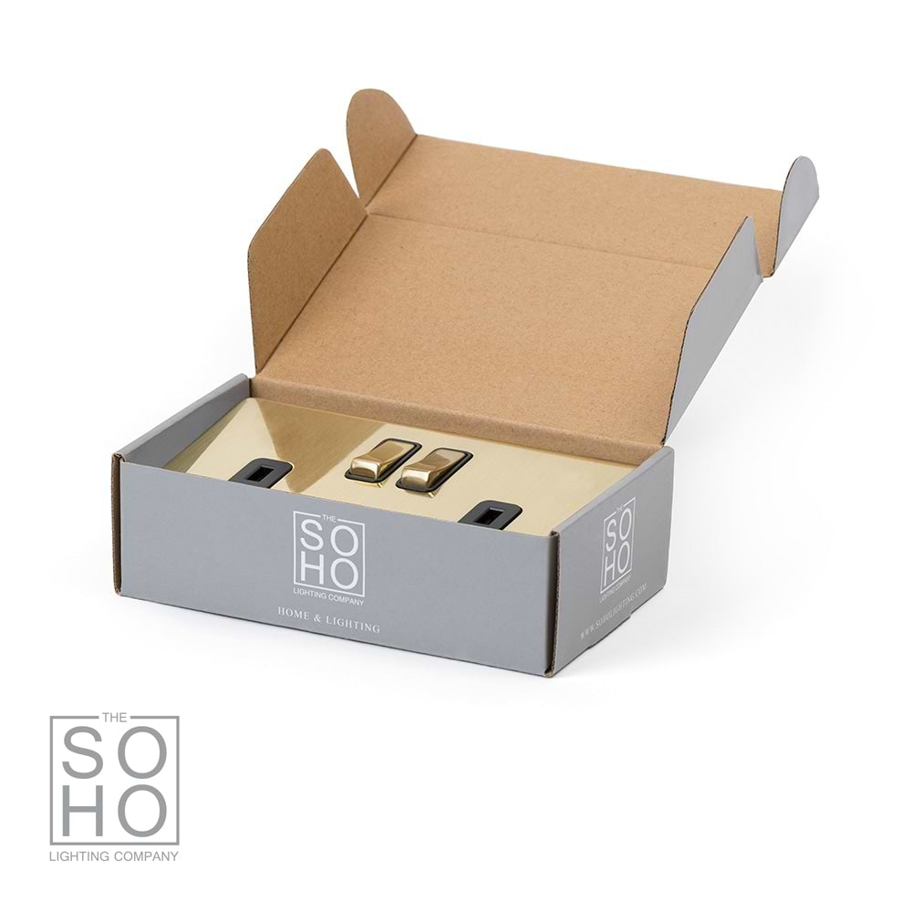 The Savoy Collection Brushed Brass 2 Gang Socket 13A Double Pole Black Inserts