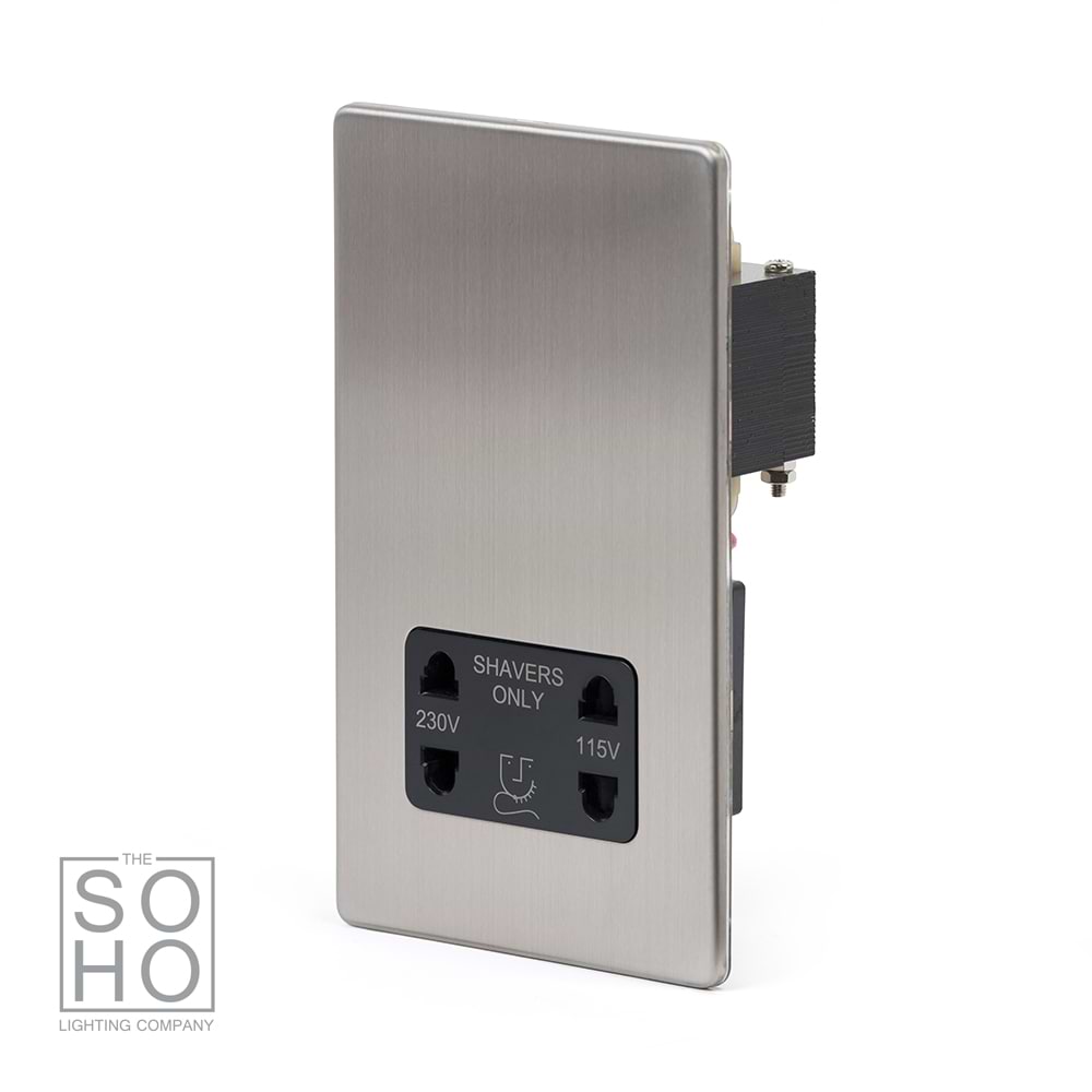 The Lombard Collection Brushed Chrome Shaver Socket Dual Voltage 115/230v Blk Ins Screwless