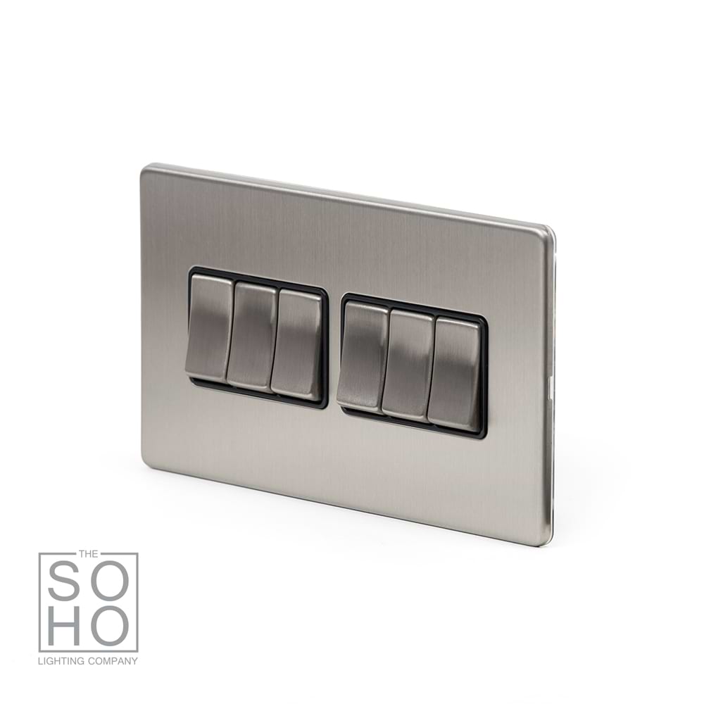 The Lombard Collection Brushed Chrome 6 Gang 2 Way 10A Light Switch Blk Ins Screwless