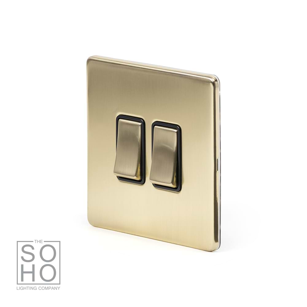 The Savoy Collection Brushed Brass 2 Gang 2 Way 10A Light Switch Blk Ins Screwless
