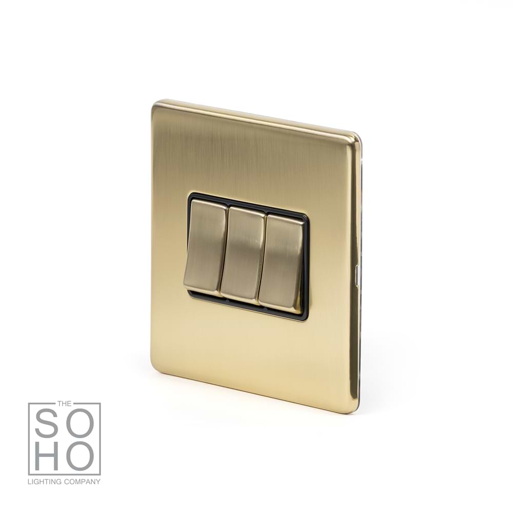 The Savoy Collection Brushed Brass 3 Gang 2 Way 10A Light Switch Blk Ins Screwless