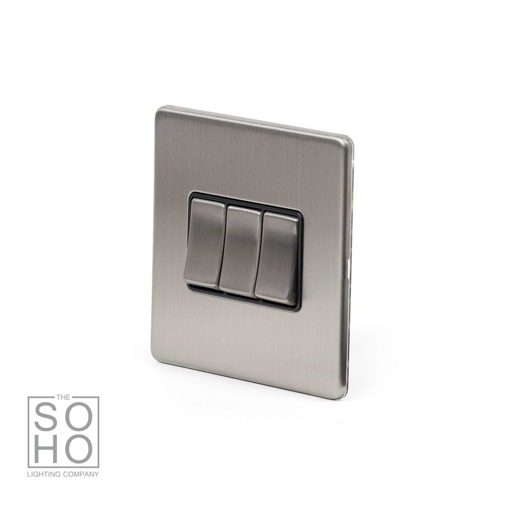 The Lombard Collection Brushed Chrome 3 Gang Intermediate Switch BLK Insert Screwless