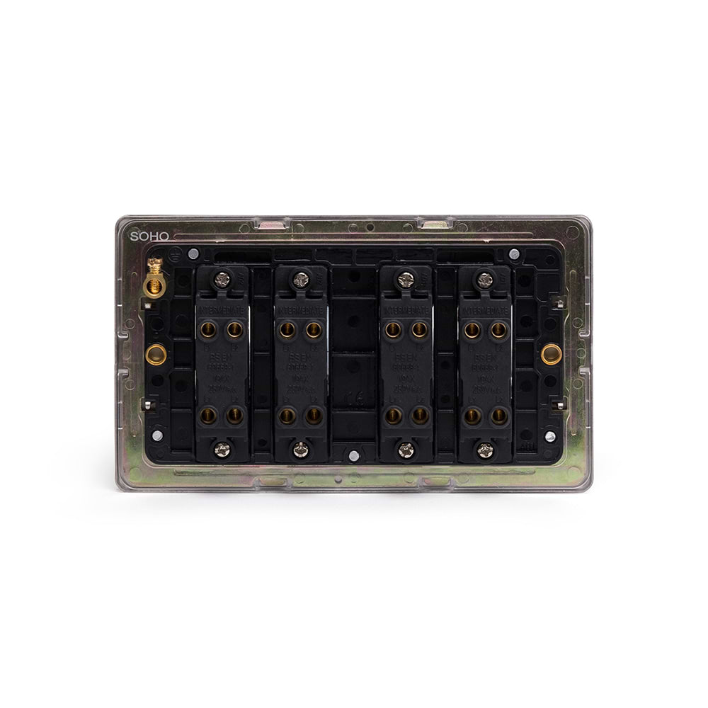 The Lombard Collection Brushed Chrome 4 Gang Intermediate switch Blk Insert Screwless