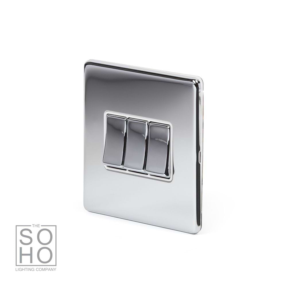 The Finsbury Collection Polished Chrome 3 Gang Intermediate switch Wht Ins Screwless