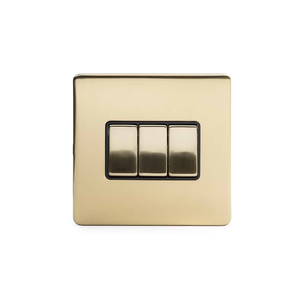 Soho Lighting Brushed Brass 3 Gang Intermediate switch Blk Ins Screwless