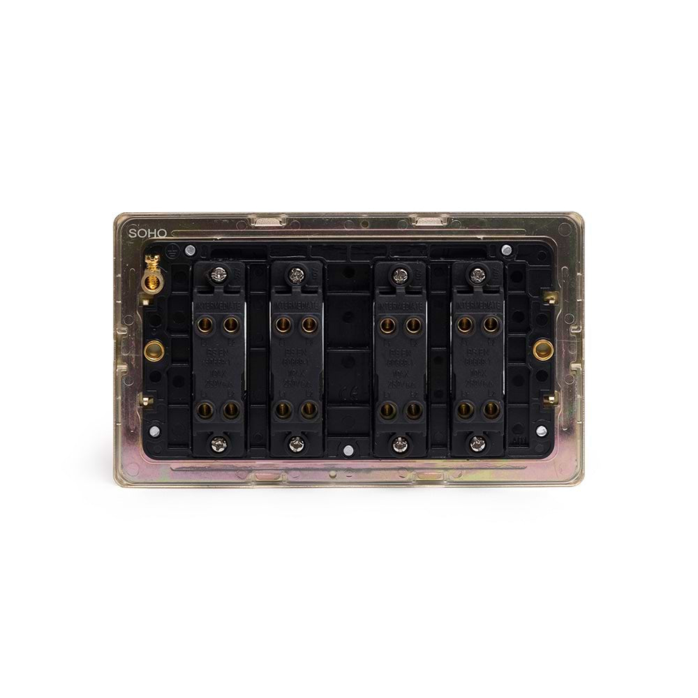 The Savoy Collection Brushed Brass 4 Gang Intermediate switch Blk Ins Screwless