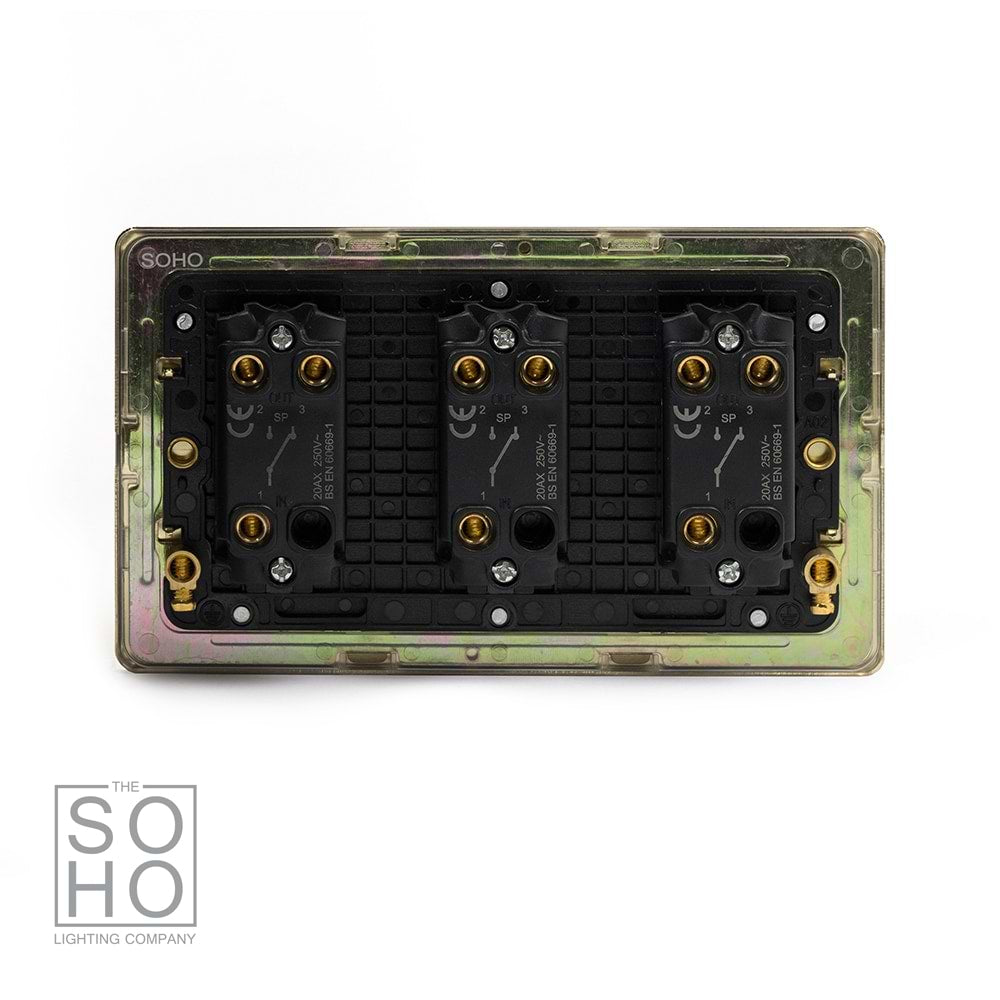 The Savoy Collection Brushed Brass 3 Gang 2 Way Toggle Switch Screwless