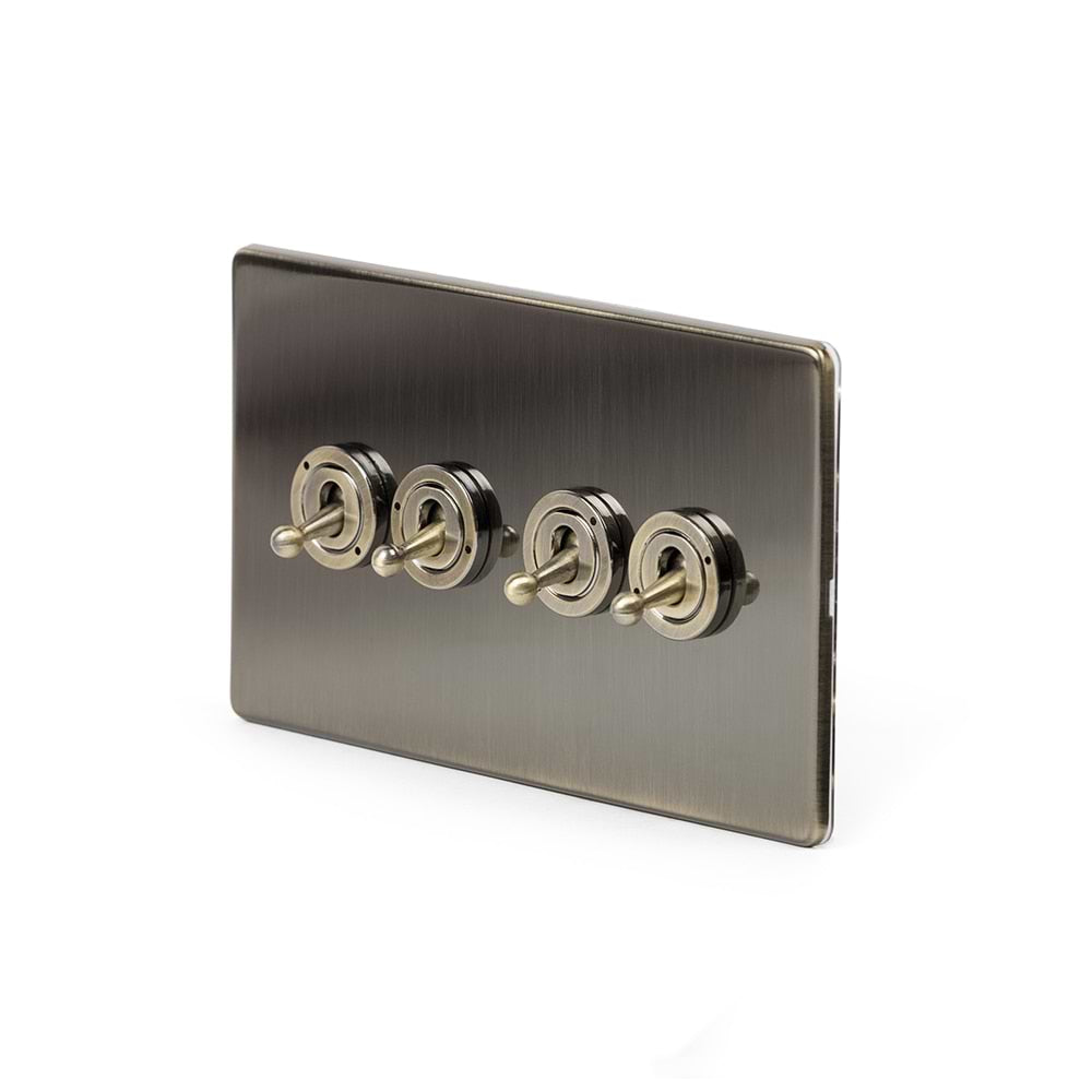 The Charterhouse Collection 4 Gang Intermediate Toggle Switch Screwless Antique Brass