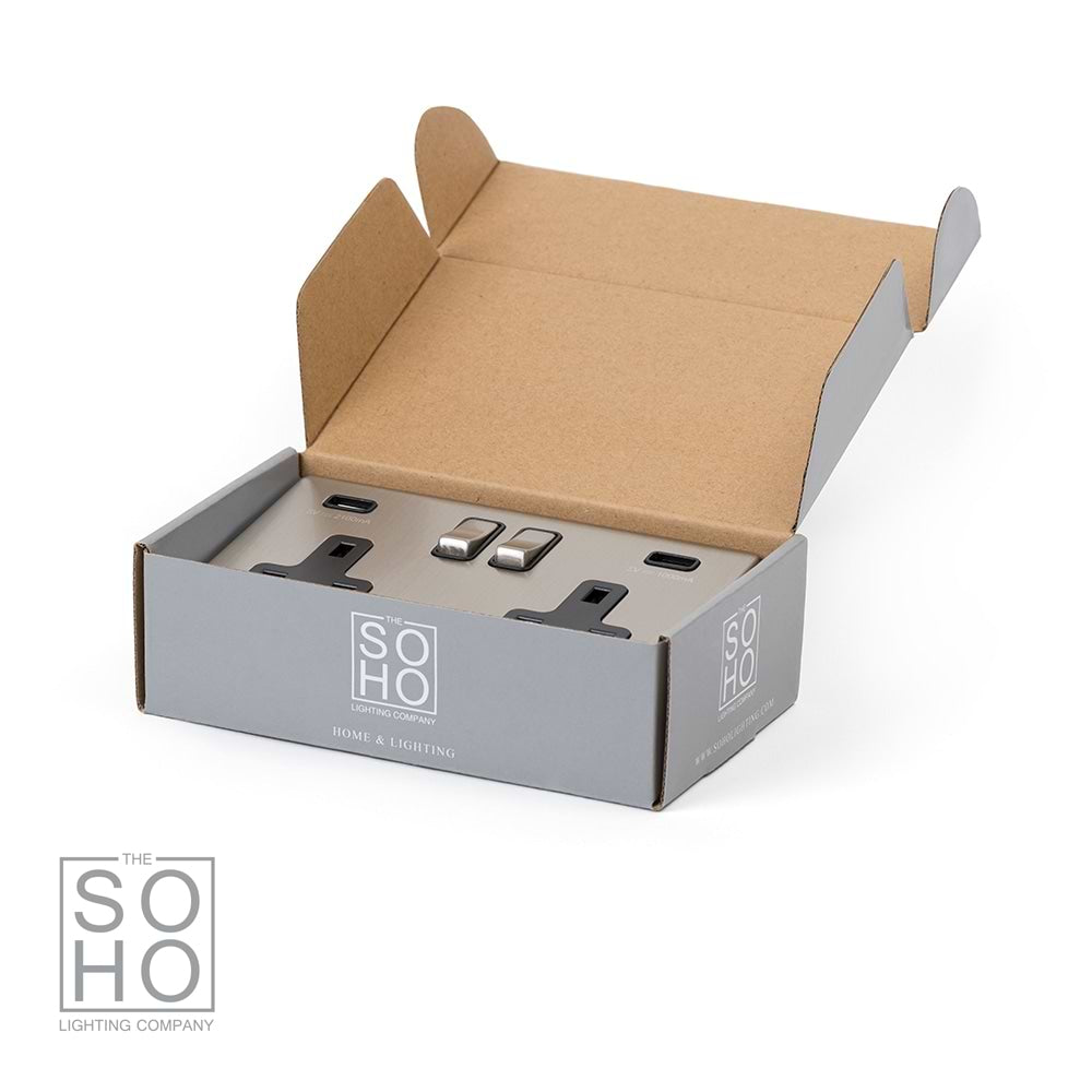 The Lombard Collection Brushed Chrome 2 Gang 13A SP Socket with 2 x USB-A 3.1A