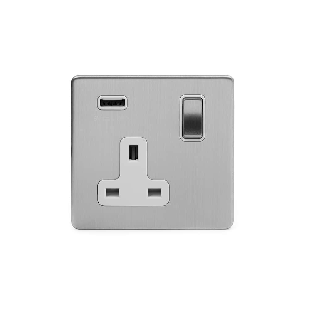 The Lombard Collection Brushed Chrome 1 Gang 13A DP Socket with USB-A 2.1A