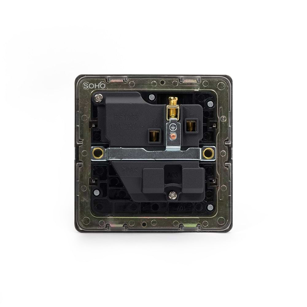 The Camden Collection Matt Black & Brushed Brass 13A 1 Gang Switched Socket, DP Black Insert Screwless